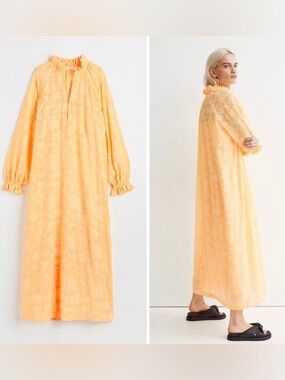H&M Peach-Orange Floral Jacquard Long Sleeve Maxi Dress